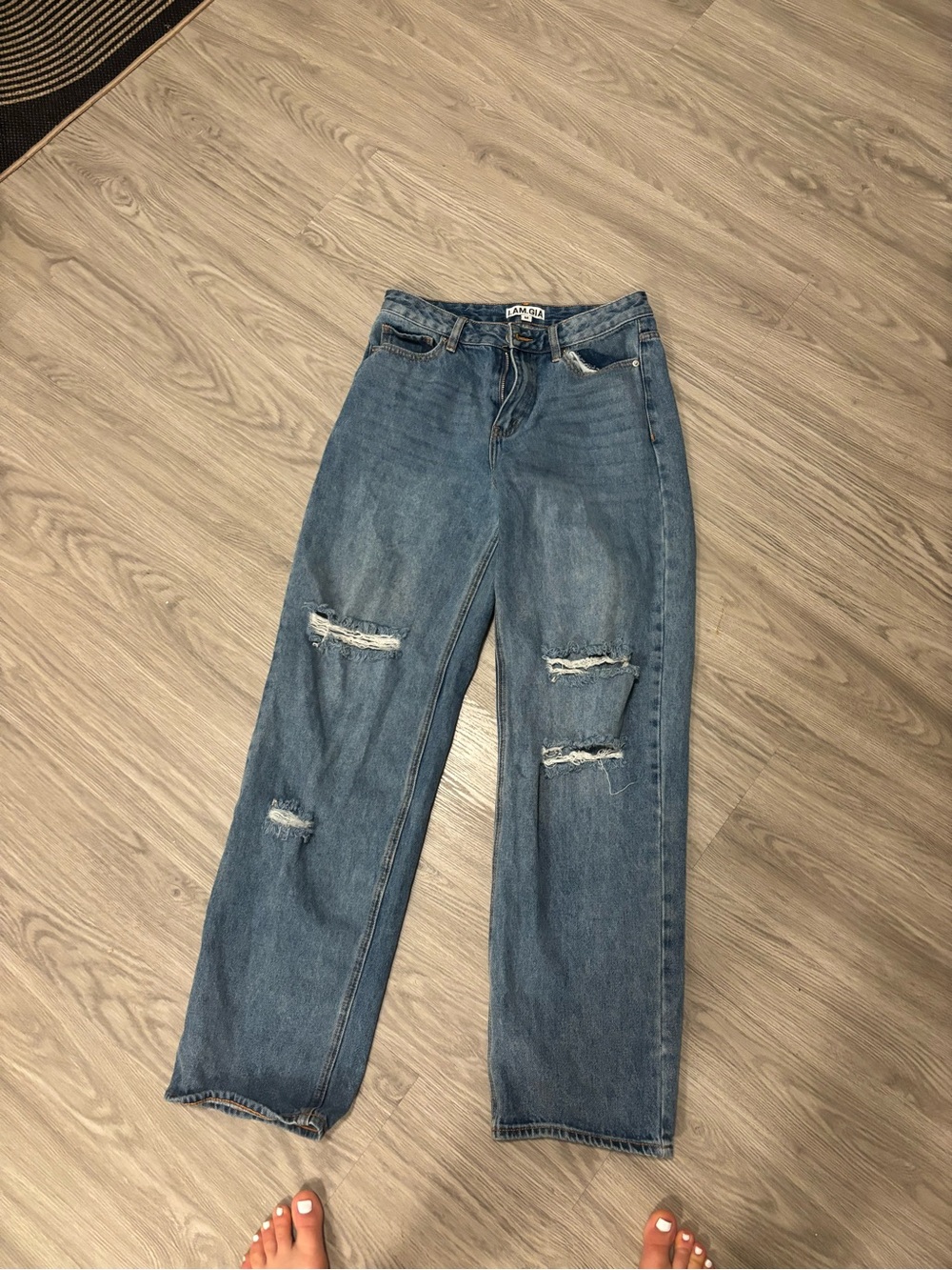 High-Rise Distressed Straight-Leg Jeans in Blue